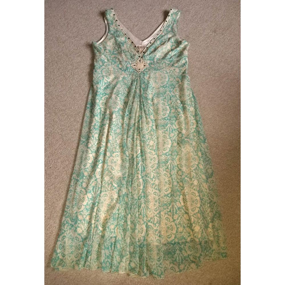 VINTAGE Y2K Womens Dress-JONATHAN MARTIN-blue/beige babydoll midi beaded-12